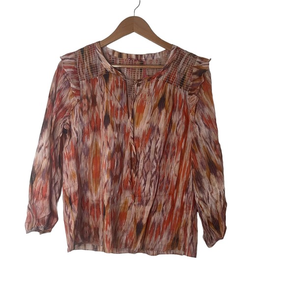 NWT Parker revolve Cotton Ikat smocked blouse with shoulder ruffles tie at neck - Picture 1 of 7